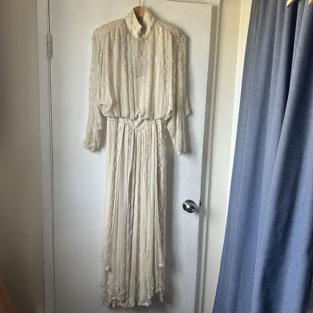 1980s Edwardian Style Heavily Beaded Lillie Ruben Silk Wedding Formal Gown Small - Picture 2 of 16